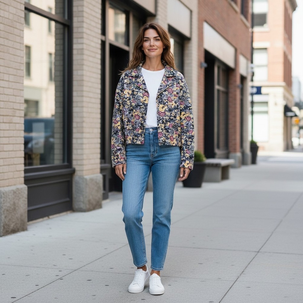 Vintage Floral Denim Jacket Cropped Cottagecore USA Grandma Retro Maximalist